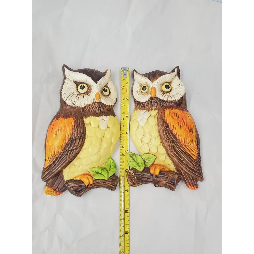 Vintage Lefton Ceramic Owl Wall Plaques‎ Set of 2 Brown Orange Yellow Japan 382